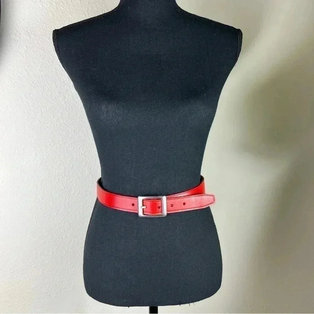Liz Claiborne Vintage Red Leather Belt with Solid Brass Silver Brushed Buckle